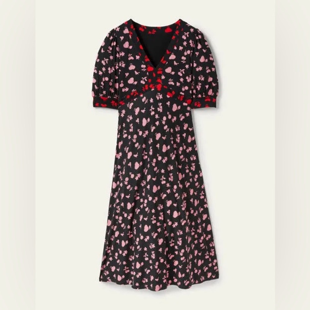 Boden Eva Cap Sleeve Midi Dress in Black and Formica Woodland Bud, size US 14R